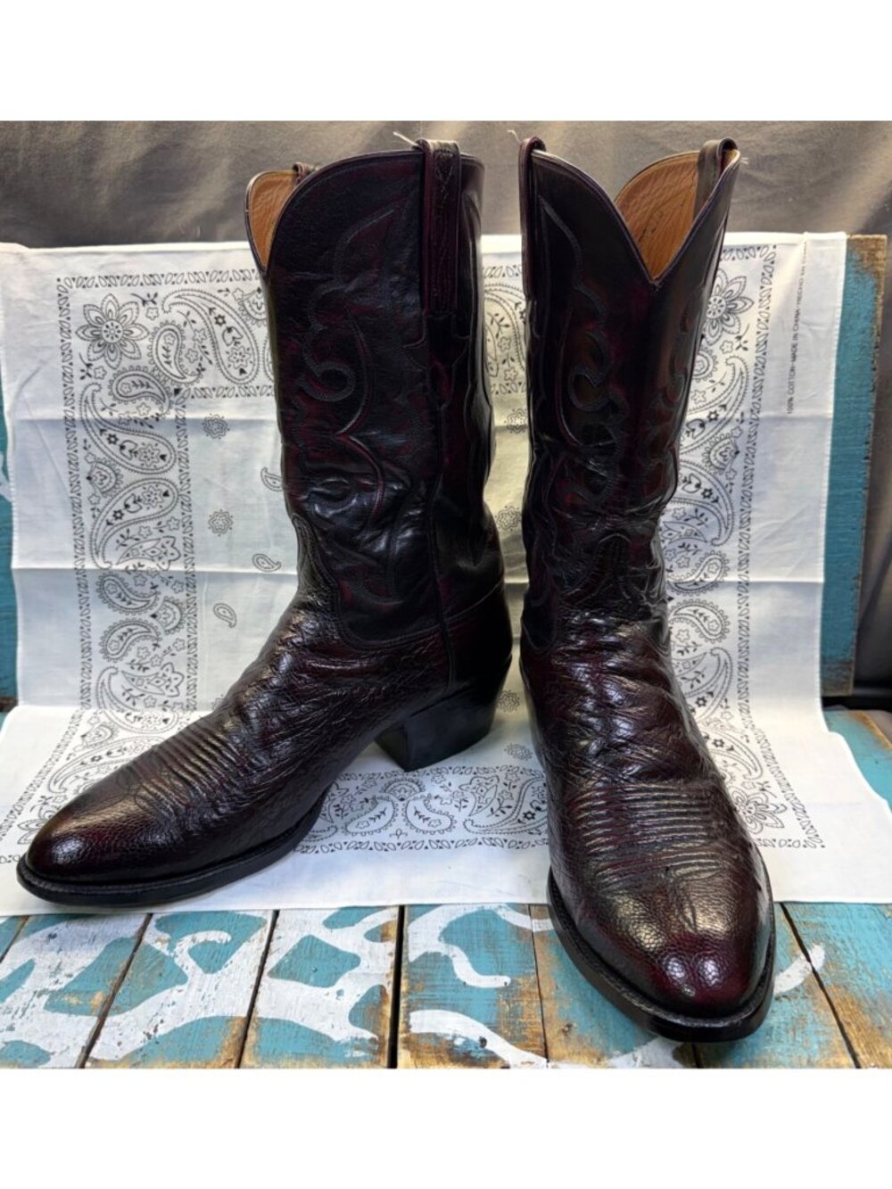 VTG Lucchese Classics Ostrich Cowboy Boots Men 12D Black Cherry Embossed Stitch